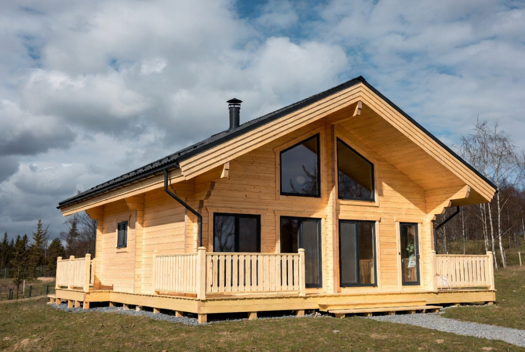 A modern wooden house made of LVL in a rural setting with natural daylight.