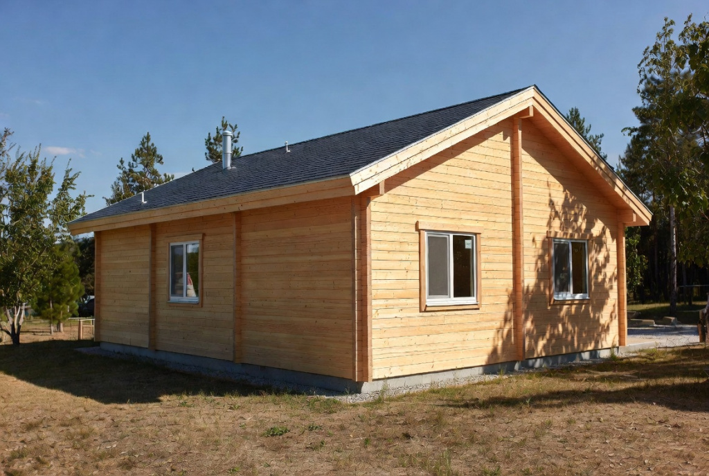 A photograph of a wooden house made of laminated veneer lumber, featuring a gabled roof and natural daylight.