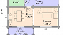Одноэтажная беседка из оцилиндрованного, рубленного бревна с хозблоком, террасой, навесом, с большой комнатой отдыха и кухней, размером 5,4 х 11,9, площадью 51,63 кв.м. - фото плана