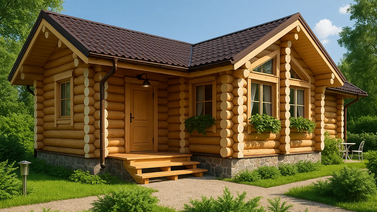 Проект Дубас: Гостевой дом-баня 9,6х5,4 с кухней-гостиной, 38.66 м², 38.66 - фото, планировка, строительство сруба бани под ключ или усадку из оцилиндрованного, рубленого бревна ели, сосны от компании Ладья