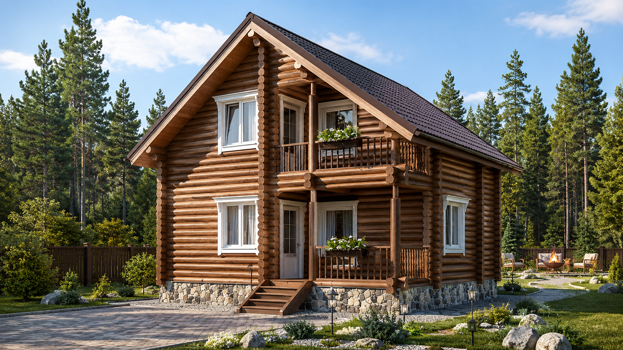 Проект Кострома: Дом из оцилиндрованного бревна 7,5х7,5м с 3 спальнями, 100 кв.м, 100 - фото, планировка, строительство сруба под ключ или усадку из оцилиндрованного, рубленого бревна ели, сосны от компании Ладья