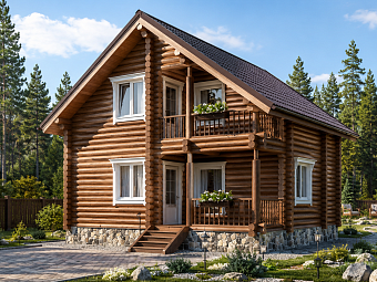 Проект Кострома: Дом из оцилиндрованного бревна 7,5х7,5м с 3 спальнями, 100 кв.м. - фото и планировка сруба, строительство под ключ или усадку из оцилиндрованного, рубленого бревна ели, сосны от компании Ладья