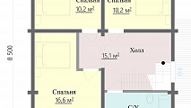 Большой дом из бревна 10,5х8,5м с 4 спальнями и террасой площадь 126.8 кв.м., ванная, кухня-столовая, прихожая-котельная, 2 этаж, 5 комнаты, 4 спальни, 2 санузла - фото Проект Аннушка, план 2 этаж