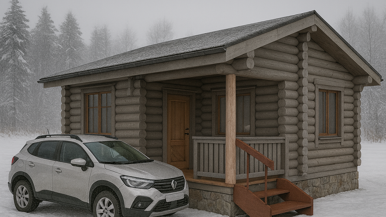 Проект Темза: Небольшая баня из бревна с крыльцом и кухней, 26,87 м², 26,87 - фото, планировка, строительство сруба бани под ключ или усадку из оцилиндрованного, рубленого бревна ели, сосны от компании Ладья
