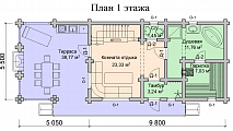 Двухэтажная баня из сруба с террасой и мансардой, парилкой, душевой, спальней, холлом, размер 5,5 х 9,8, площадь 128 кв.м., 2 этаж - фото план 1 этаж Проект Новосибирск