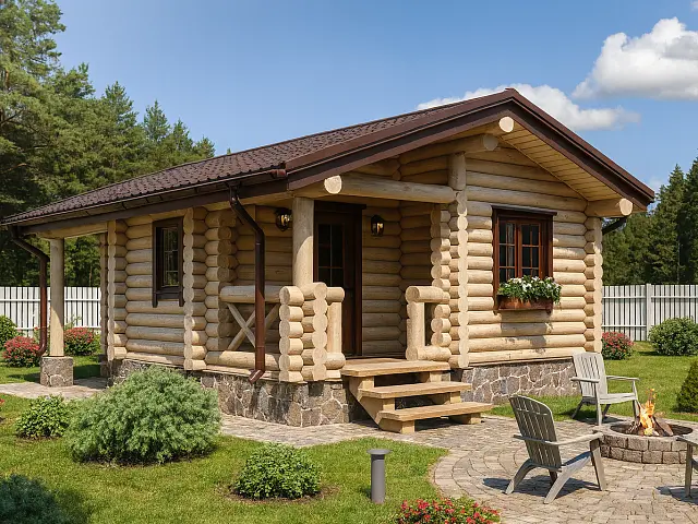 Проект Даная: Бревенчатая баня из ОЦБ 7х7 с террасой, 32.9м² - фото и планировка сруба, строительство под ключ или усадку из оцилиндрованного, рубленого бревна ели, сосны от компании Ладья