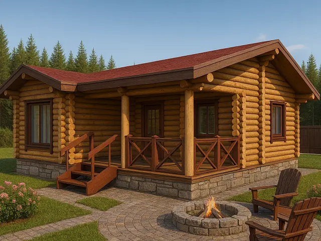 Проект Нева: Одноэтажная баня из сруба с террасой, 56,89м² - фото и планировка сруба, строительство под ключ или усадку из оцилиндрованного, рубленого бревна ели, сосны от компании Ладья
