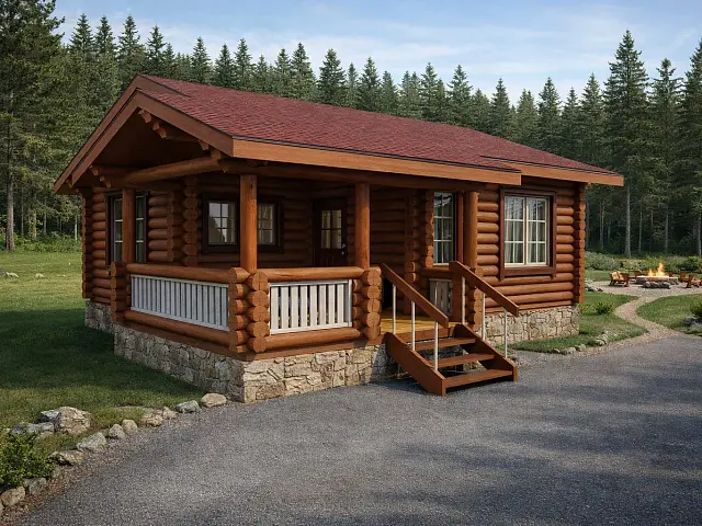 Проект Анапа: Баня из сруба с террасой, спальней и гостевой, 51,8м² - фото и планировка сруба, строительство под ключ или усадку из оцилиндрованного, рубленого бревна ели, сосны от компании Ладья