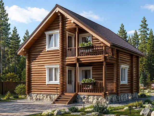 Проект Кострома: Дом из оцилиндрованного бревна 7,5х7,5м с 3 спальнями, 100 кв.м. - фото и планировка сруба, строительство под ключ или усадку из оцилиндрованного, рубленого бревна ели, сосны от компании Ладья