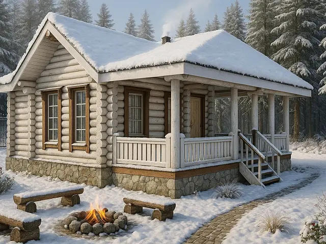 Проект Астрахань: Баня из сруба с Г-образной террасой и гостиной, 67,79м² - фото и планировка сруба, строительство под ключ или усадку из оцилиндрованного, рубленого бревна ели, сосны от компании Ладья
