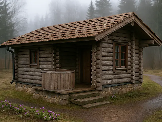 Проект Эльза: Баня из сруба с купелью, мастерской и дровником, 48,67м² - фото и планировка сруба, строительство под ключ или усадку из оцилиндрованного, рубленого бревна ели, сосны от компании Ладья