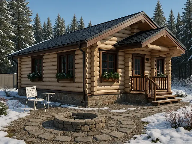 Проект Имбирь: Баня из бревна 8х5,5 с большой комнатой отдыха, 41.5м² - фото и планировка сруба, строительство под ключ или усадку из оцилиндрованного, рубленого бревна ели, сосны от компании Ладья