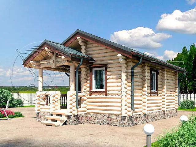 Проект Ангара: Баня из оцилиндрованного бревна 7,5х4,5 с террасой, 26.7м² - фото и планировка сруба, строительство под ключ или усадку из оцилиндрованного, рубленого бревна ели, сосны от компании Ладья