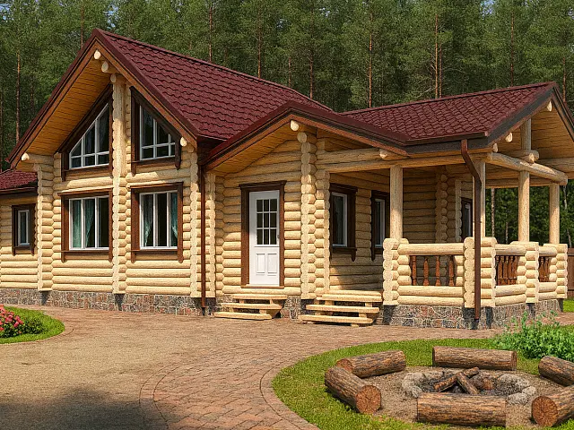 Проект Живица: Дом баня из бревна ОЦБ 18,54х7,66 с террасой, 81.29м² - фото и планировка сруба, строительство под ключ или усадку из оцилиндрованного, рубленого бревна ели, сосны от компании Ладья