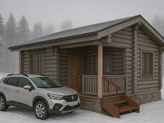 Проект Темза: Небольшая баня из бревна с крыльцом и кухней, 26,87м² - фото и планировка сруба, строительство под ключ или усадку из оцилиндрованного, рубленого бревна ели, сосны от компании Ладья