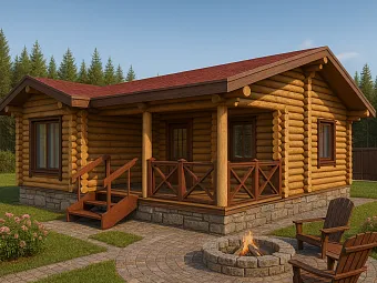 Проект Нева: Одноэтажная баня из сруба с террасой, 56,89м² - фото и планировка сруба, строительство под ключ или усадку из оцилиндрованного, рубленого бревна ели, сосны от компании Ладья