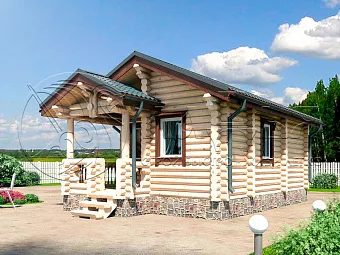 Проект Ангара: Баня из оцилиндрованного бревна 7,5х4,5 с террасой, 26.7м² - фото и планировка сруба, строительство под ключ или усадку из оцилиндрованного, рубленого бревна ели, сосны от компании Ладья